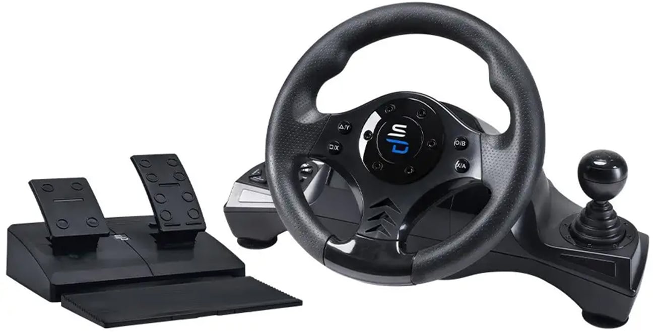 Kierownica wyścigowa dla graczy Subsonic GS 750 - Widok od przodu pod kątem wraz z modułem pedałów