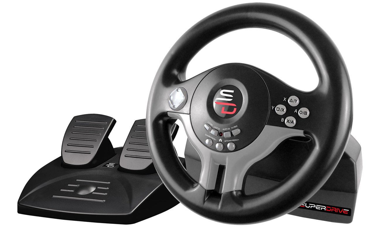 Kierownica wyścigowa dla graczy Subsonic Superdrive SV 200 - Widok od przodu pod kątem wraz z modułem pedałów