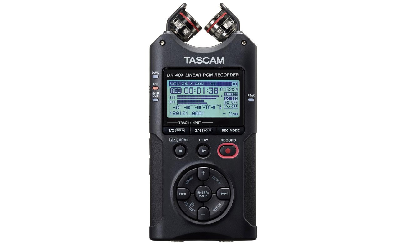 Przenośny czterościeżkowy rejestrator cyfrowy z interfejsem audio USB Tascam DR-40X - Widok od przodu