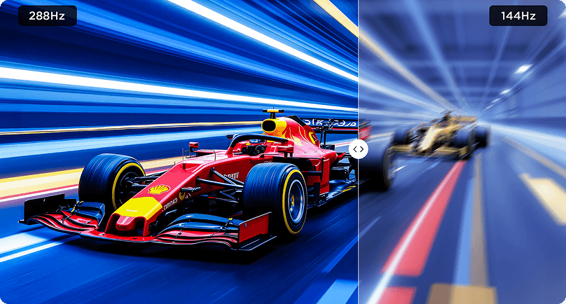 Porównanie płynności obrazu bolidu: ostry przy 288Hz (Hertz) vs rozmazany przy 144Hz (Hertz).