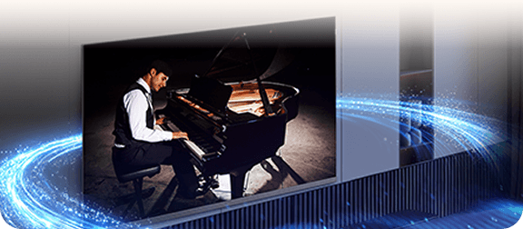 Ekran telewizora TCL A400 wyświetlający pianistę przy czarnym fortepianie na tle niebieskich linii świetlnych.