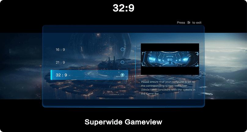 Menu ustawień Superwide Gameview z wybranym formatem obrazu 32:9 na tle szerokiej panoramy z gry.