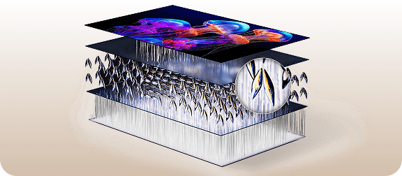 Przekrój warstw matrycy telewizora LCD (Liquid Crystal Display) z widocznymi diodami podświetlenia i filtrami.