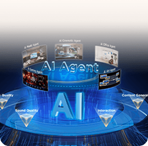 Grafika cyfrowa z napisem AI (Artificial Intelligence) Agent i ikonami funkcji inteligentnych wokół niebieskiej fali.