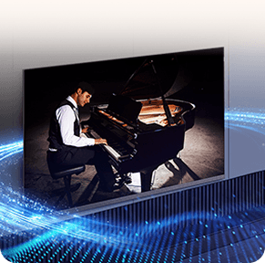Ekran telewizora TCL A400 wyświetlający pianistę przy czarnym fortepianie na tle niebieskich linii świetlnych.