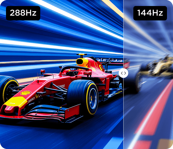 Porównanie płynności obrazu bolidu: ostry przy 288Hz (Hertz) vs rozmazany przy 144Hz (Hertz).