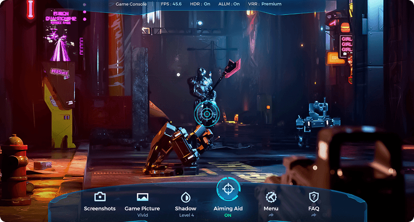 Zrzut z gry FPS (First Person Shooter) z nakładką HUD (Heads-Up Display) zawierającą celownik, statystyki oraz ikony menu.
