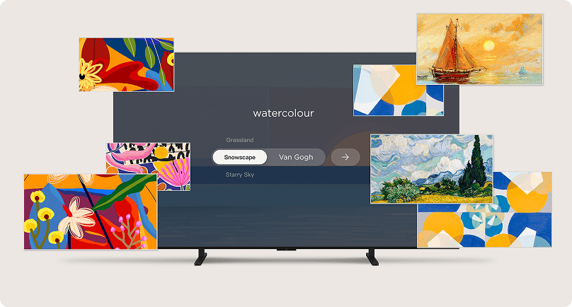 Telewizor TCL A400 z menu wyboru kategorii obrazów i unoszącymi się wokół ekranu grafikami artystycznymi.