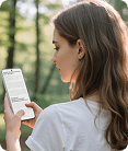 Kobieta w lesie czyta tekst na telefonie