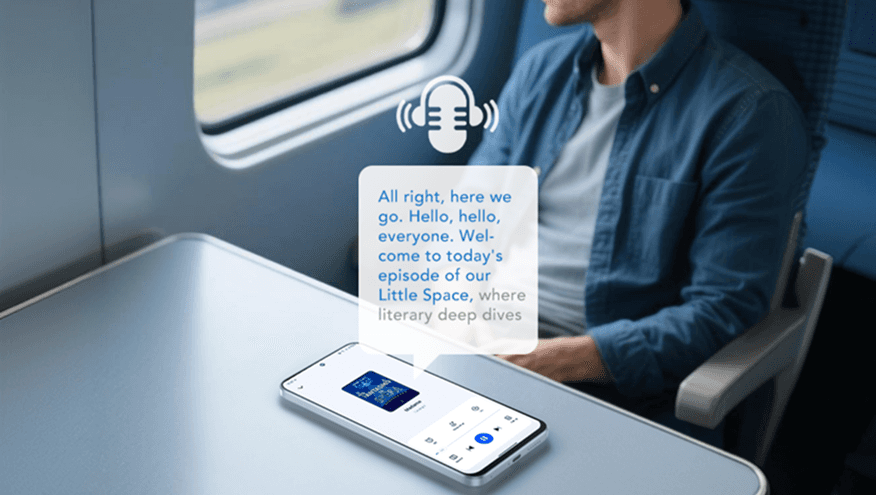 Smartfon leżący na stoliku w pociągu z wygenerowaną dymką transkrypcji audio i ikoną mikrofonu ze słuchawkami
