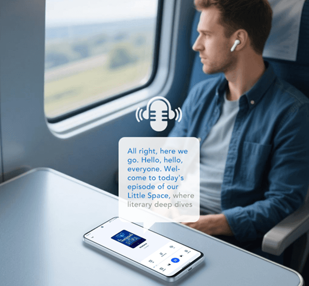 Smartfon leżący na stoliku w pociągu z wygenerowaną dymką transkrypcji audio i ikoną mikrofonu ze słuchawkami