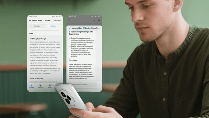 Mężczyzna trzyma w dłoni smartfon, a obok ekranu unoszą się dwa cyfrowe okna z anglojęzycznym tekstem książki