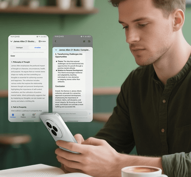 Mężczyzna trzyma w dłoni smartfon, a obok ekranu unoszą się dwa cyfrowe okna z anglojęzycznym tekstem książki