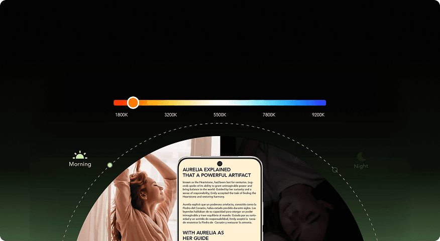 Smartfon z tekstem na tle grafik pory dnia, nad nim pasek z wartościami temperatury barwowej K (Kelvin)