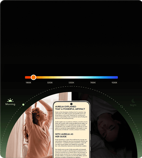 Smartfon z tekstem na tle grafik pory dnia, nad nim pasek z wartościami temperatury barwowej K (Kelvin)
