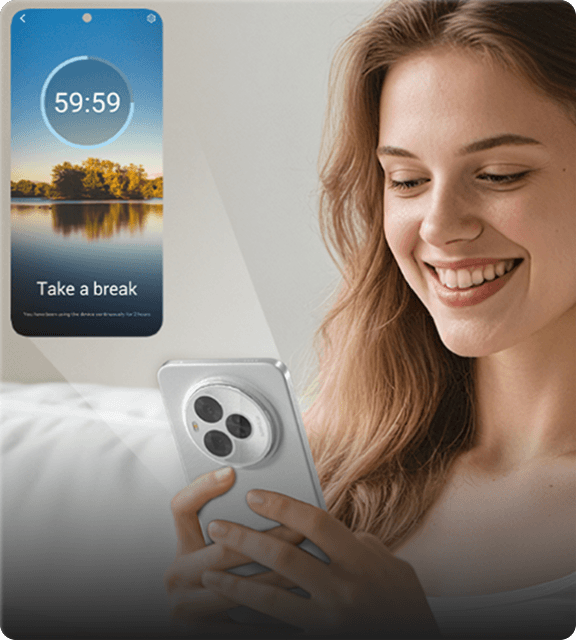 Uśmiechnięta kobieta trzyma smartfon, nad którym unosi się powiększone okienko z powiadomieniem Take a break