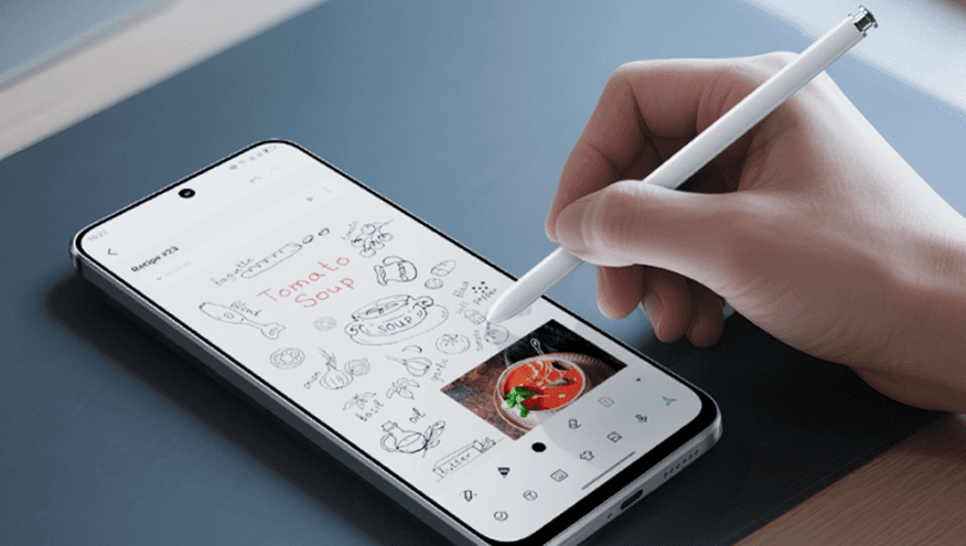 Smartfon leżący na blacie z aplikacją Notatki oraz dłoń pisząca rysikiem cyfrowy przepis na zupę pomidorową