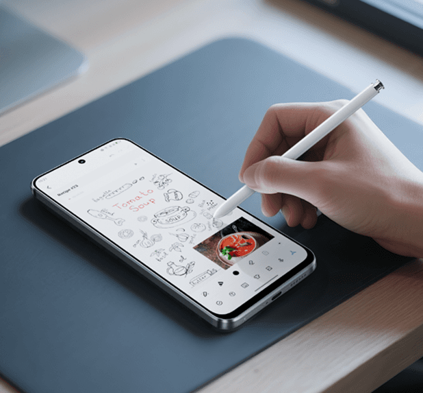 Smartfon leżący na blacie z aplikacją Notatki oraz dłoń pisząca rysikiem cyfrowy przepis na zupę pomidorową
