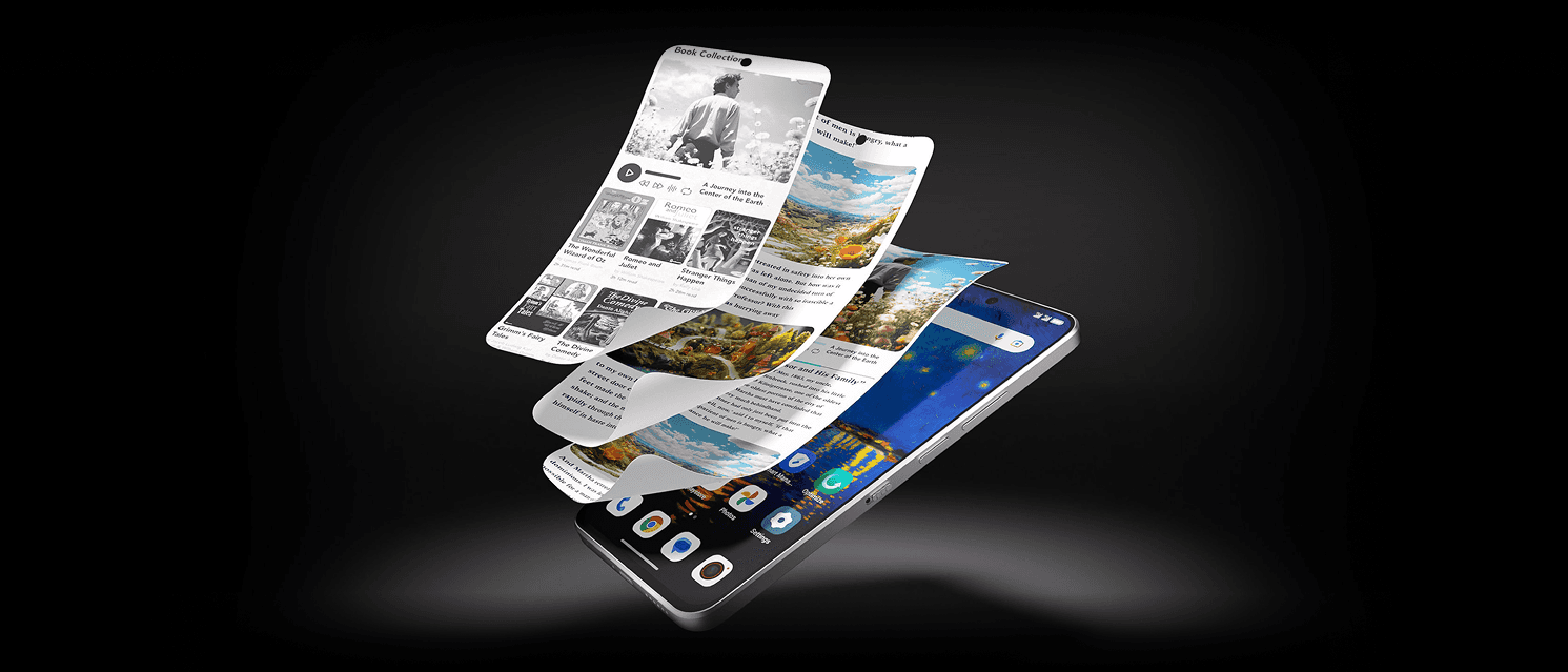 Smartfon leżący pod kątem, z którego ekranu unoszą się i wyginają nakładające się strony z treściami