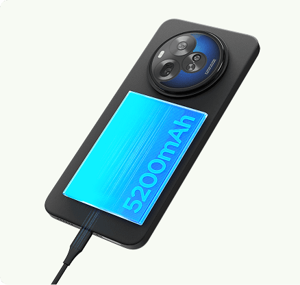 Smartfon z podłączonym przewodem ładującym i świecącą podświetloną baterią z napisem 5200 mAh