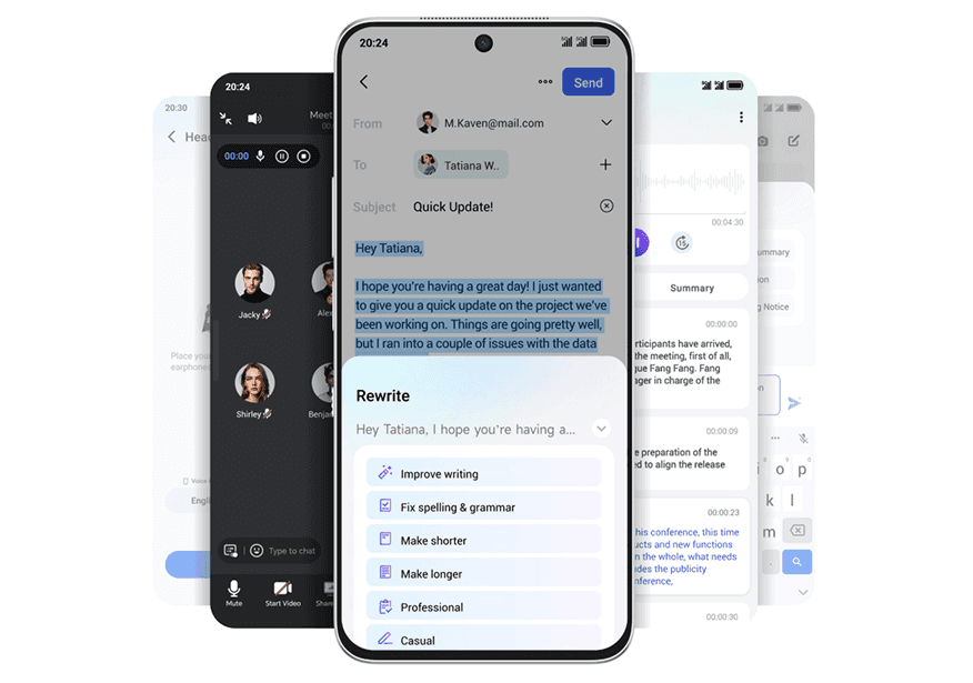 Smartfon z otwartym oknem edycji wiadomości Rewrite nad innymi kaskadowo ułożonymi interfejsami aplikacji