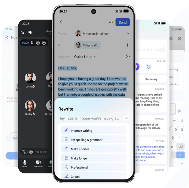 Smartfon z otwartym oknem edycji wiadomości Rewrite nad innymi kaskadowo ułożonymi interfejsami aplikacji