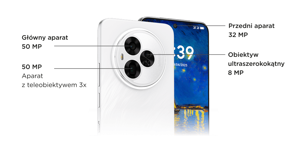 Smartfon z podpisanymi obiektywami: głównym 50 MP, z teleobiektywem 3x 50 MP, ultraszerokokątnym 8 MP i przednim 32 MP