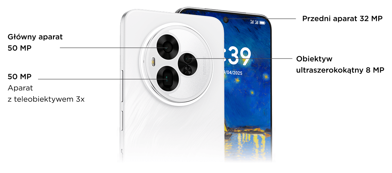 Smartfon z podpisanymi obiektywami: głównym 50 MP, z teleobiektywem 3x 50 MP, ultraszerokokątnym 8 MP i przednim 32 MP