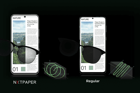 Porównanie wyświetlacza NXTPAPER i Regular z filtrem okularowym oraz schematami fal świetlnych