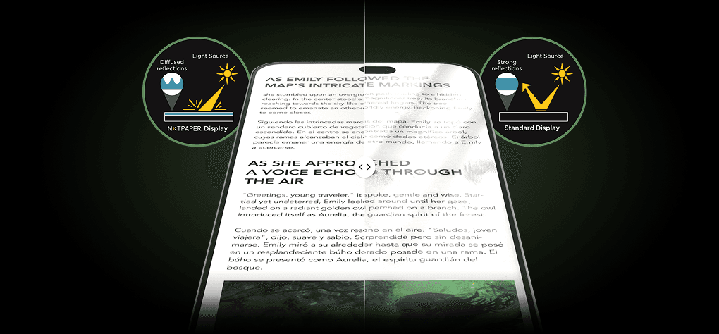 Ekran smartfona podzielony na matową stronę NXTPAPER Display i odbijającą światło stronę Standard Display