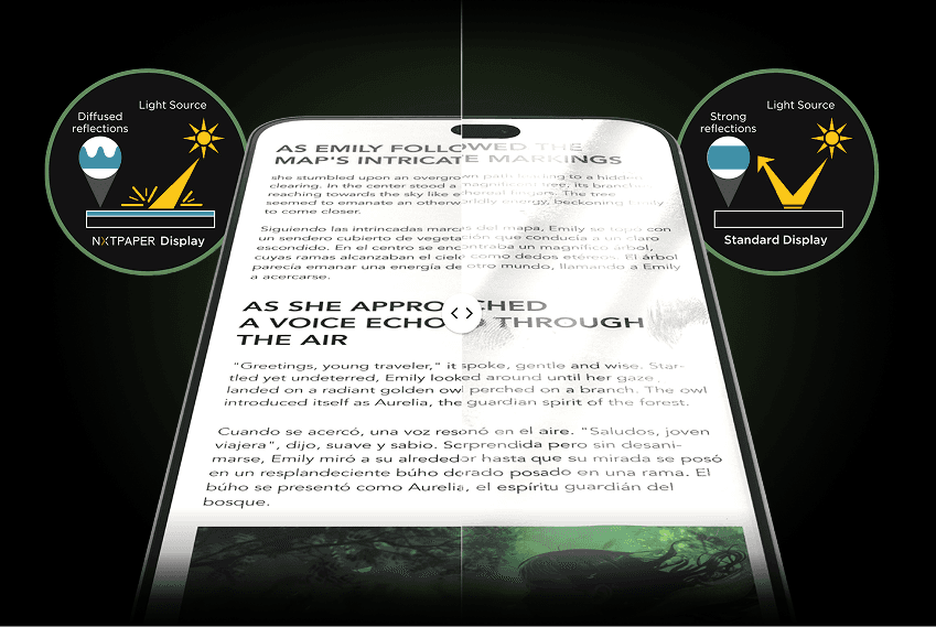 Ekran smartfona podzielony na matową stronę NXTPAPER Display i odbijającą światło stronę Standard Display