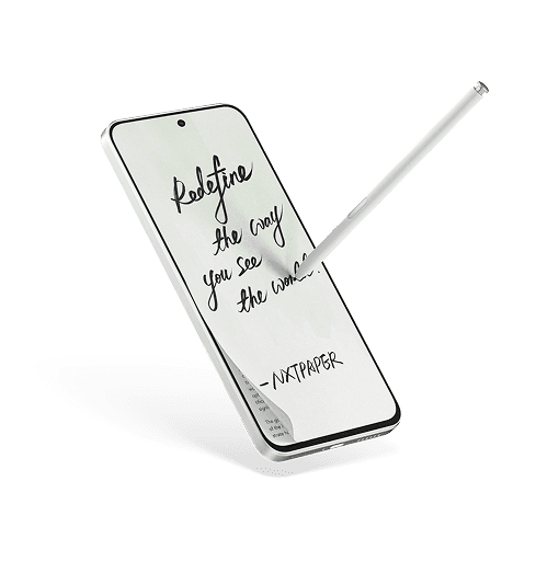 Smartfon z odchylonym rogiem jasnego ekranu, po którym rysik pisze tekst Redefine the way you see the world - NXTPAPER