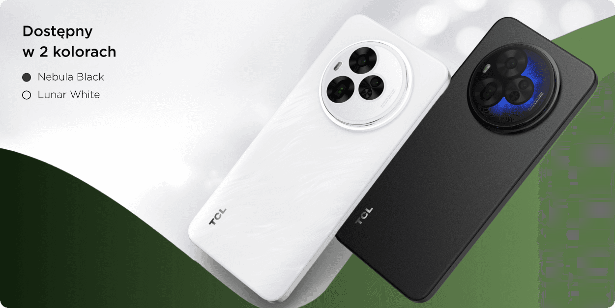 Dostępny w 2 kolorach Nebula Black i Lunar White oraz dwa smartfony TCL pokazane od strony plecków