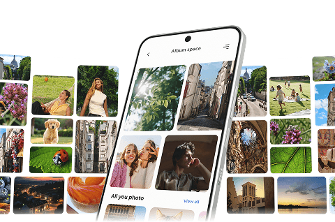Smartfon wyświetlający galerię zdjęć otoczony licznie unoszącymi się miniaturami rozmaitych fotografii
