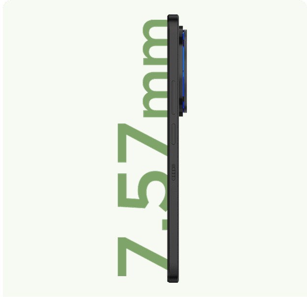 Boczny profil czarnego smartfona z widoczną wyspą aparatów i pionowym napisem 7.57 mm (milimetra)