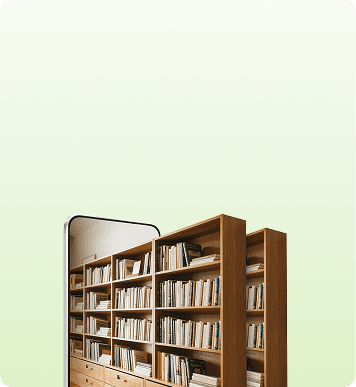 Narożnik smartfona wyświetlający regały pełne książek usytuowane obok fizycznych regałów bibliotecznych