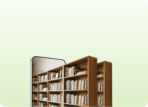 Narożnik smartfona wyświetlający regały pełne książek usytuowane obok fizycznych regałów bibliotecznych