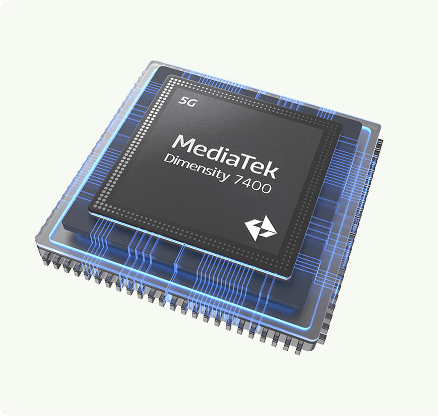 Układ scalony MediaTek Dimensity 7400 z oznaczeniem 5G (Fifth Generation) ze świecącymi ścieżkami połączeń