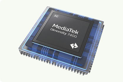 Układ scalony MediaTek Dimensity 7400 z oznaczeniem 5G (Fifth Generation) ze świecącymi ścieżkami połączeń