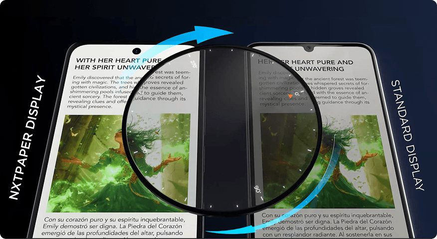Porównanie dwóch smartfonów: po lewej z napisem NXTPAPER DISPLAY, po prawej STANDARD DISPLAY z reflektorem pośrodku
