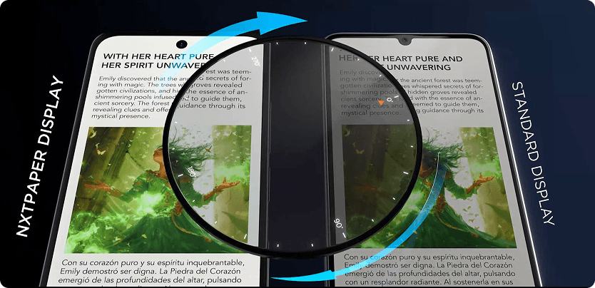 Porównanie dwóch smartfonów: po lewej z napisem NXTPAPER DISPLAY, po prawej STANDARD DISPLAY z reflektorem pośrodku