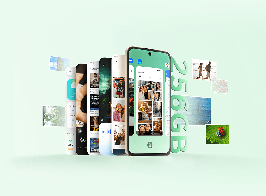 Smartfon na tle kaskadowo ułożonych ekranów aplikacji, szybujących zdjęć i trójwymiarowego napisu 512 GB