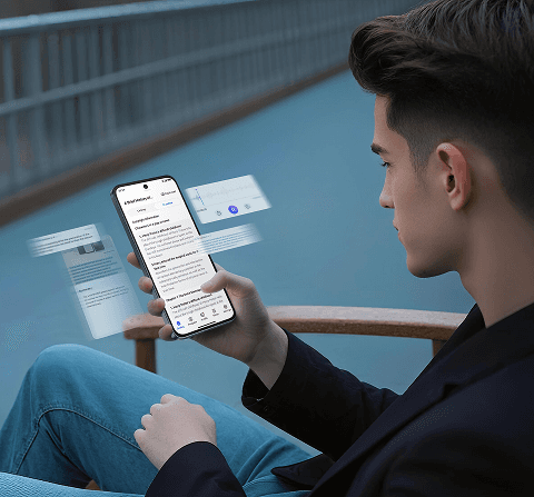 Mężczyzna trzyma w dłoni smartfon z interfejsem aplikacji i unoszącymi się wokół ekranu półprzezroczystymi okienkami