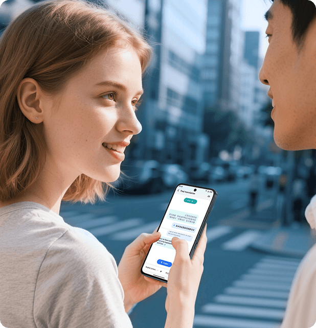 Kobieta trzyma smartfon z uruchomioną aplikacją do tłumaczenia tekstu, rozmawiając z mężczyzną
