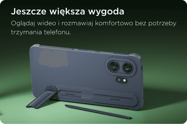 Smartfon w etui stoi poziomo na opierającej go nóżce z rysikiem leżącym obok i napisem Jeszcze większa wygoda