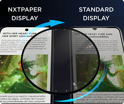Porównanie dwóch smartfonów: po lewej z napisem NXTPAPER DISPLAY, po prawej STANDARD DISPLAY z reflektorem pośrodku