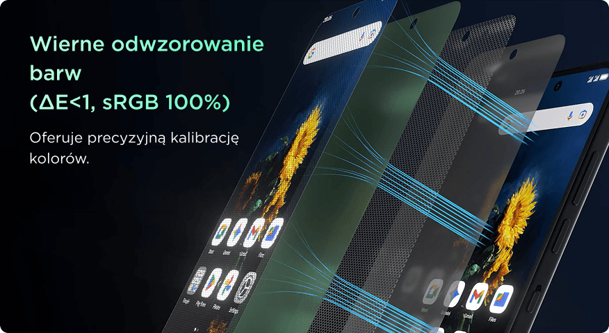Smartfon ze słonecznikiem na ekranie pokazany pod kątem z rozłożonymi warstwami filtrującymi niebieskie światło