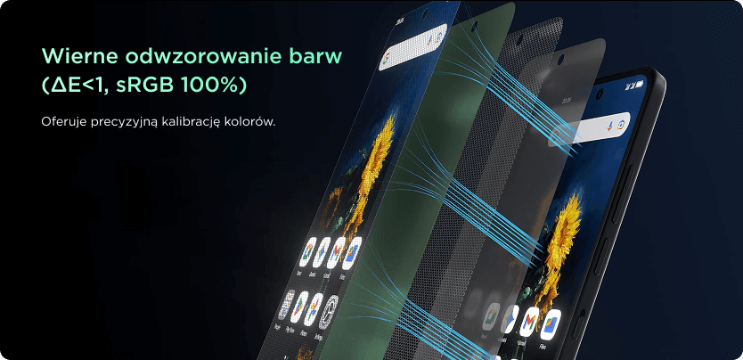 Smartfon ze słonecznikiem na ekranie pokazany pod kątem z rozłożonymi warstwami filtrującymi niebieskie światło