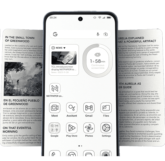 Smartfon z czarno-białymi ikonami aplikacji na tle ułożonych w tle stron e-booka