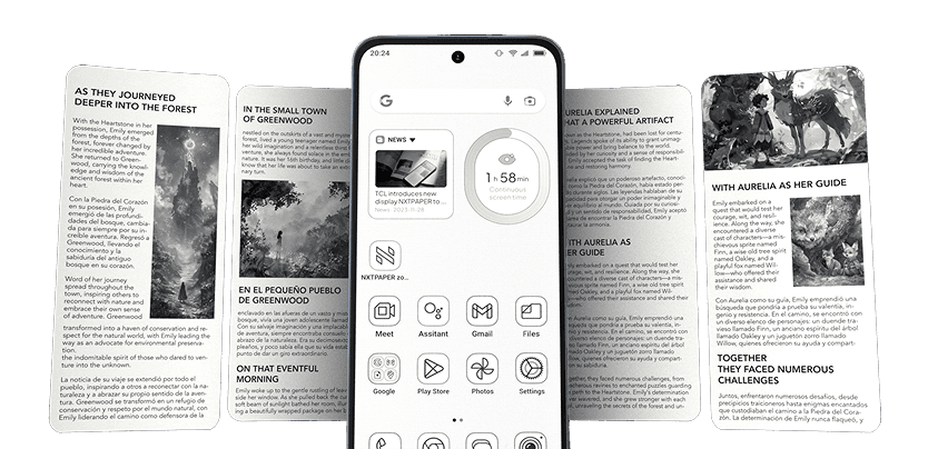 Smartfon z czarno-białymi ikonami aplikacji na tle ułożonych w tle stron e-booka